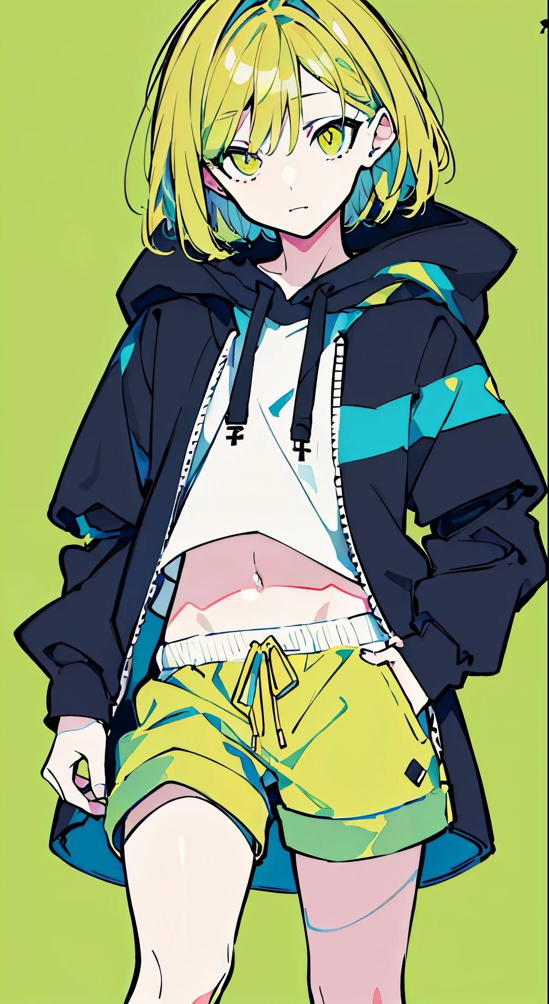 (masterpiece, highest quality:1.6), alone, thick outline, (simple background, bright green background, monochrome, green yellow theme:1.2), official art, Key Visual, 8K, confused, whole body, (Unique hair, oversized hoodie, hot pants, arch back, short torso:1.2), belly button, thighs, cowboy shot, HDR, sharp focus, High resolution, most detailed, very detailed, Super detailed, finely, detailed eyes and face, sharp pupils, realistic student,