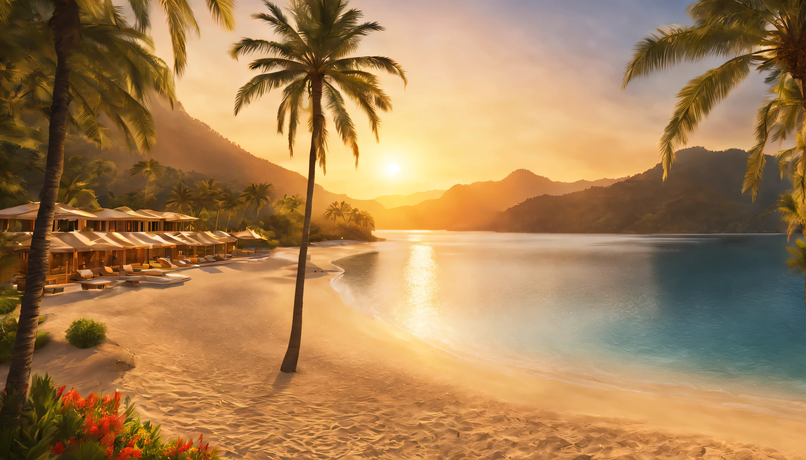 pristine beach,Golden sandy beaches stretch out to sea under the warm light of the setting sun. Towering palm trees provide shade and stunning views to luxury resort guests. The mountains in the distance stand majestically, Charming orange and yellow hues fill the skyline, Create an idyllic and peaceful atmosphere. artwork hd、Excellent quality, Emphasis on natural beauty.