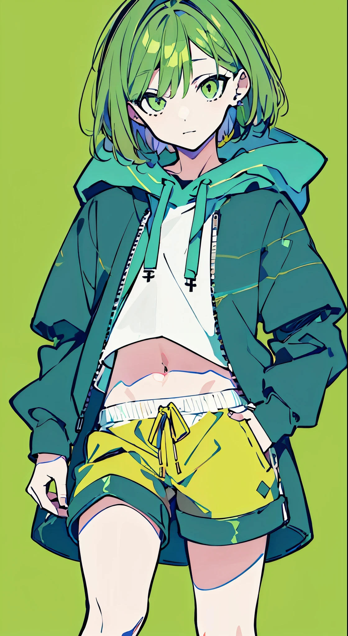 (masterpiece, highest quality:1.6), alone, thick outline, (simple background, bright green background, monochrome, green yellow theme:1.2), official art, Key Visual, 8K, confused, whole body, (Unique hair, oversized hoodie, hot pants, arch back, short torso:1.2), belly on, thighs, cowboy shot, HDR, sharp focus, High resolution, most detailed, very detailed, Super detailed, finely, detailed eyes and face, sharp pupils, realistic student,