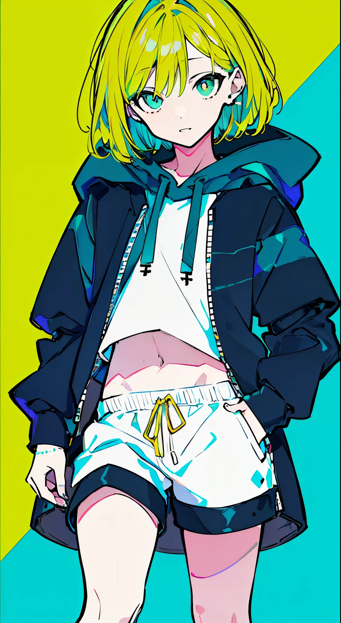 (masterpiece, highest quality:1.6), alone, thick outline, (simple background, bright green background, monochrome, green yellow theme:1.2), official art, Key Visual, 8K, confused, whole body, (Unique hair, oversized hoodie, hot pants, arch back, short torso:1.2), belly button, thighs, cowboy shot, HDR, sharp focus, High resolution, most detailed, very detailed, Super detailed, finely, detailed eyes and face, sharp pupils, realistic student,