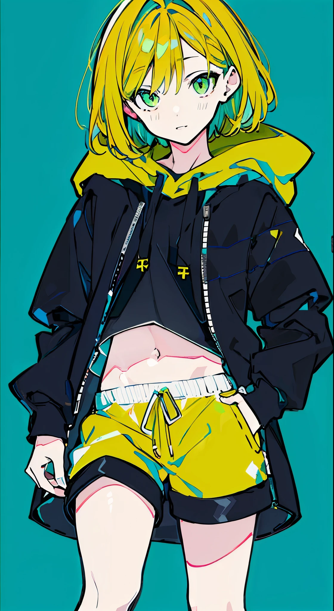 (masterpiece, highest quality:1.6), alone, thick outline, (simple background, bright green background, monochrome, green yellow theme:1.2), official art, Key Visual, 8K, confused, whole body, (Unique hair, oversized hoodie, hot pants, arch back, short torso:1.2), belly button, thighs, cowboy shot, HDR, sharp focus, High resolution, most detailed, very detailed, Super detailed, finely, detailed eyes and face, sharp pupils, realistic student,