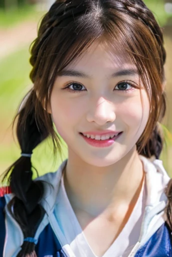 cowboy shot,looking at viewer,smile,sportswear for basketball, adorable, japanese girl, Hair brown hair,Braid, hair scrunchie, (high color saturation:1.0), highest quality, ultra high resolution, photo-realistic, Super detailed, 8K, RAW photo NSFW