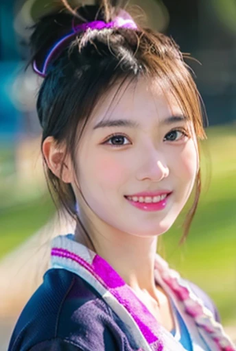 cowboy shot,looking at viewer,smile,sportswear for basketball, adorable, japanese girl, hair scrunchie, (high color saturation:1.0), highest quality, ultra high resolution, photo-realistic, Super detailed, 8K, RAW photo NSFW
