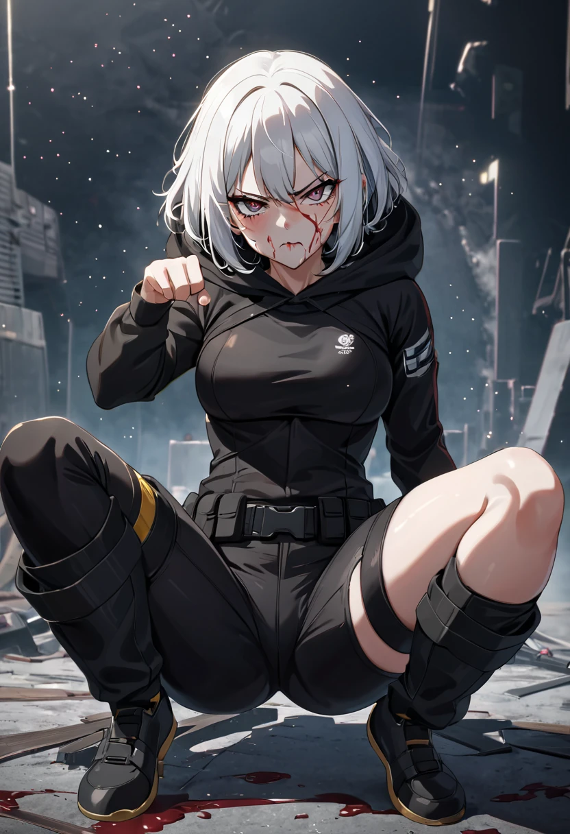 Fighting girl, epic, with particles, HD, 8k, white hair, with black cape, line marks on the face, serious face, closed mouth, casual pose, hands in Bruce Lee position, tactical pants, black hood, black lines under eyes, black polar diver, eyes with marked rings, detailed face, blood on the lips, full body,