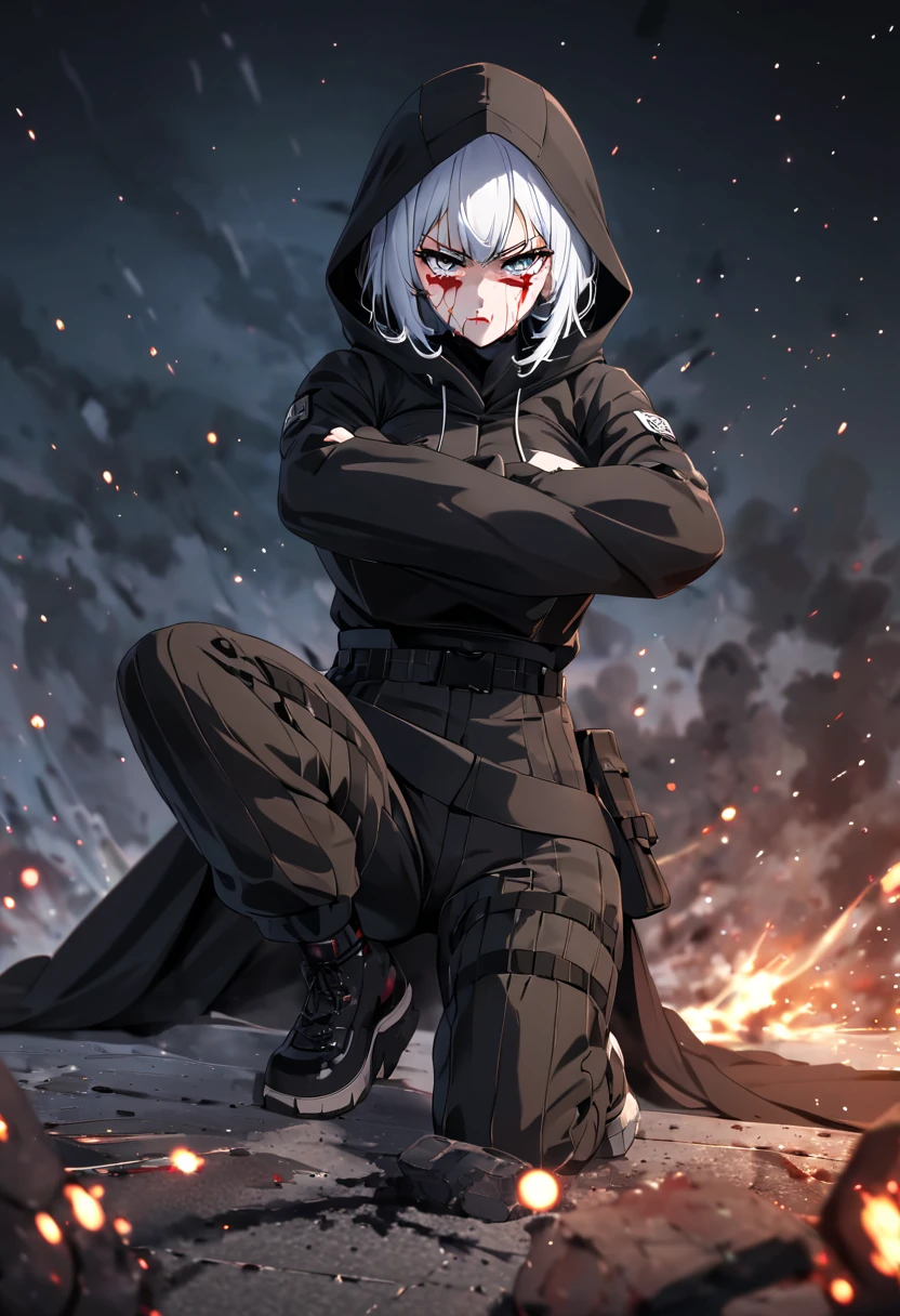 Fighting girl, epic, with particles, HD, 8k, white hair, with black cape, line marks on the face, serious face, closed mouth, casual pose, hands in Bruce Lee position, tactical pants, black hood, black lines under eyes, black polar diver, eyes with marked rings, detailed face, blood on the lips, full body,