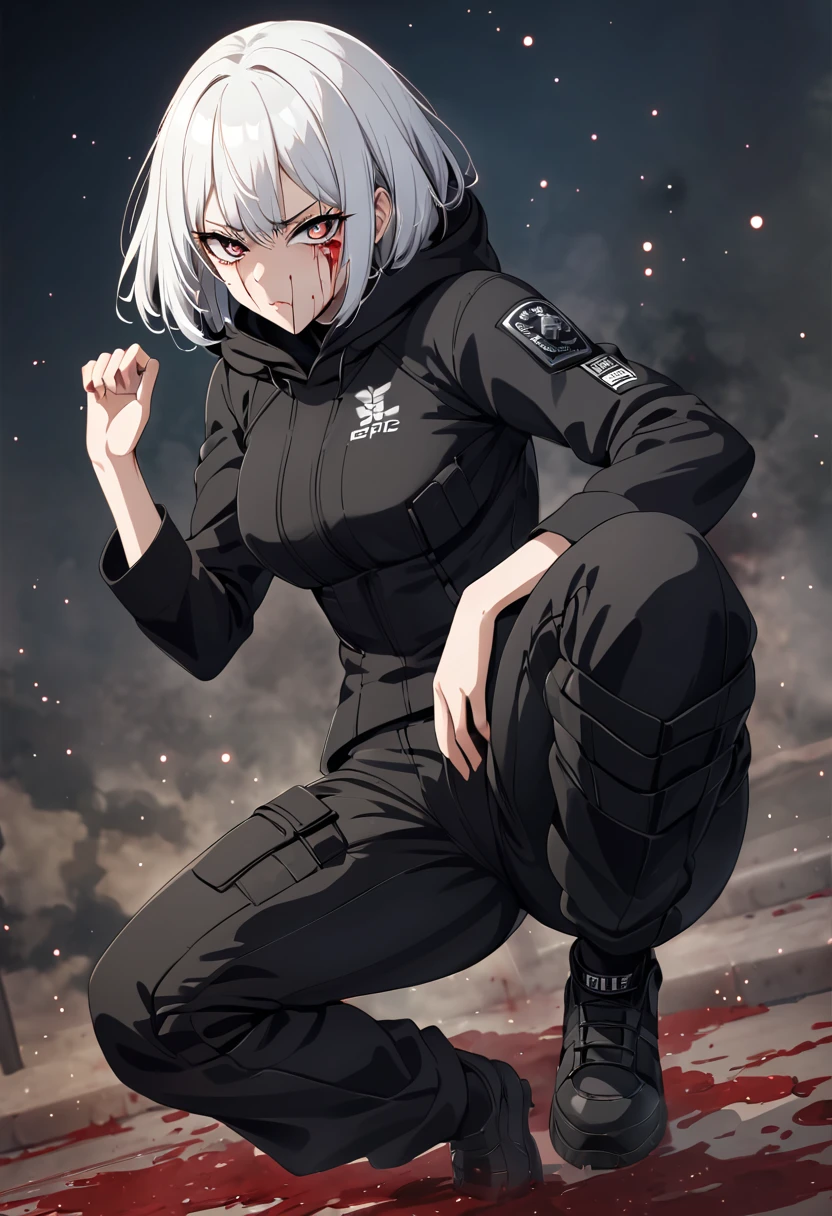 Fighting girl, epic, with particles, HD, 8k, white hair, with black cape, line marks on the face, serious face, closed mouth, casual pose, hands in Bruce Lee position, tactical pants, black hood, black lines under eyes, black polar diver, eyes with marked rings, detailed face, blood on the lips, full body,