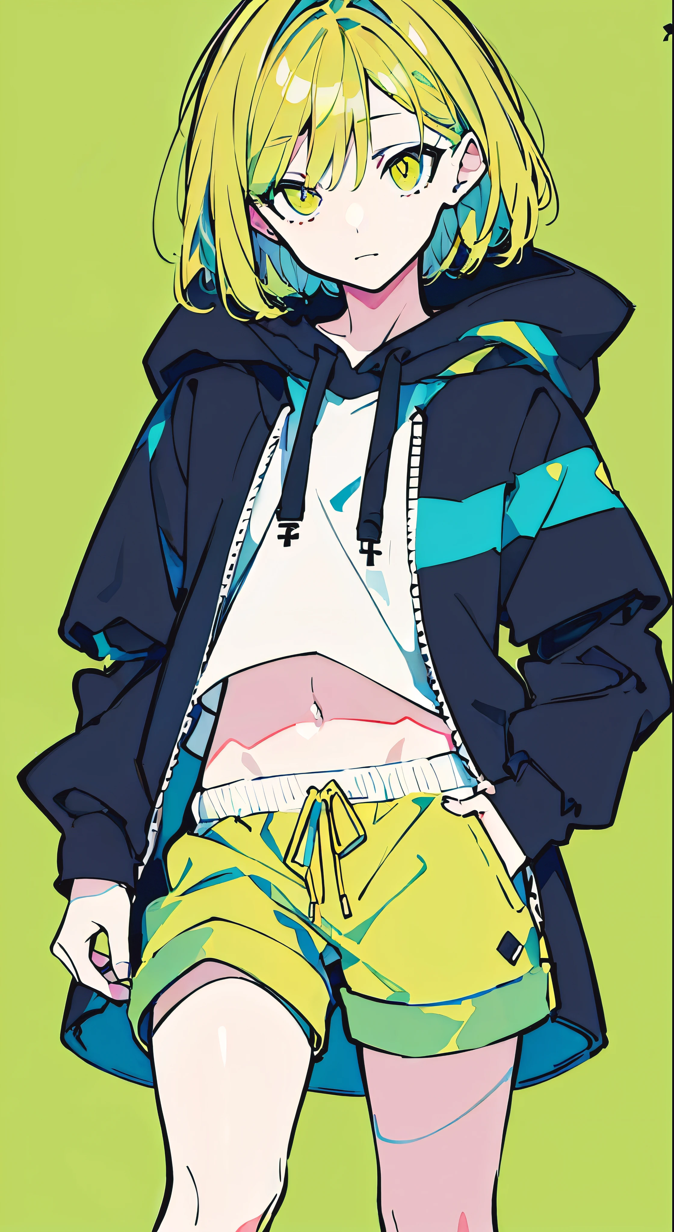(masterpiece, highest quality:1.6), alone, thick outline, (simple background, Bright green background, monochrome, green yellow theme:1.2), official art, Key Visual, 8K, confused, whole body, (Unique hair, oversized hoodie, hot pants, arch back, short torso:1.2), belly button, thighs, cowboy shot, HDR, sharp focus, High resolution, most detailed, very detailed, Super detailed, finely, detailed eyes and face, sharp pupils, realistic student,