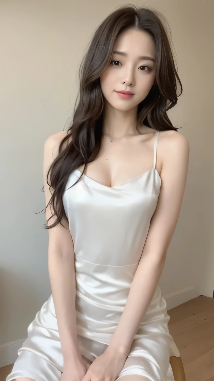 ((top-quality、8k、​masterpiece:1.3))、Beautiful woman with perfect body:1.4、slim abdomen:1.2、Longhair, normal breast, Highly detailed facial and skin texture, A detailed eye, delicate eyes, (smile), (full body shot), ((studio)), (sitting on a chair), (((wearing white silk dress))), looking in front, (plain grey background)