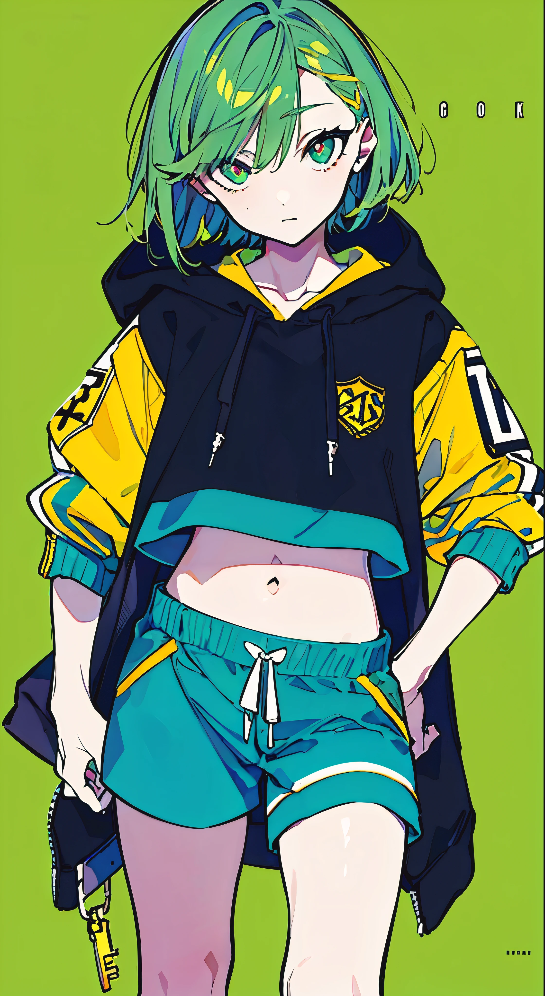 (masterpiece, highest quality:1.6), alone, thick outline, (simple background, Bright green background, monochrome, green yellow theme:1.2), official art, Key Visual, 8K, confused, whole body, (Unique hair, oversized hoodie, hot pants, arch back, short torso:1.2), belly button, thighs, cowboy shot, HDR, sharp focus, High resolution, most detailed, very detailed, Super detailed, finely, detailed eyes and face, sharp pupils, realistic student,