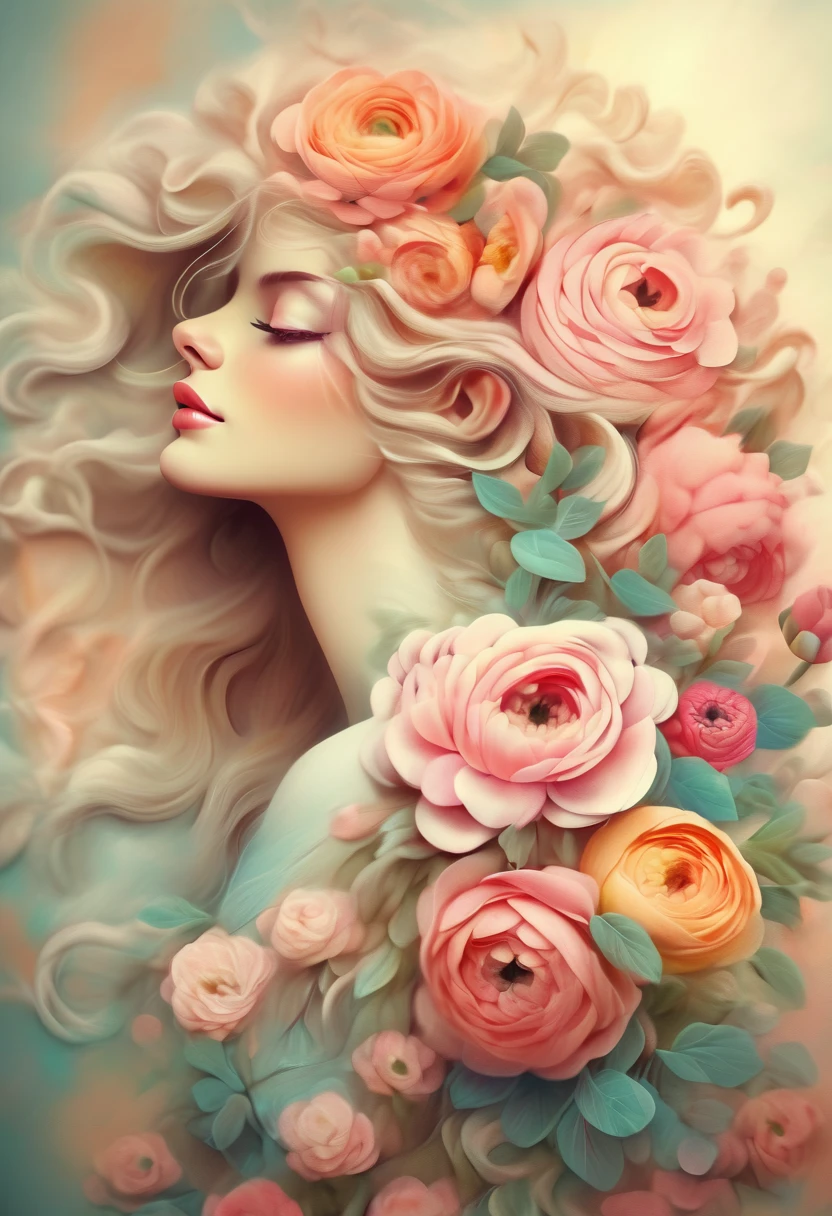 Painting of a beautiful woman in profile with long hair and ranunculus flowers in her hair, beautiful digital illustrations, Beautiful artwork illustration, amazing digital illustrations, beautiful digital artwork, Inspired by Anna Dittman, amazing digital art, exquisite digital illustration, In the style of Anna Dittmann, beautiful digital art, beautiful amazing digital art, very beautiful digital art, beautiful fantasy art portrait