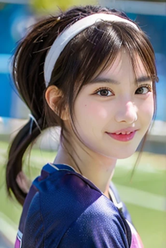 cowboy shot,looking at viewer,smile,sportswear for basketball, adorable, japanese girl,Pigtails, (high color saturation:1.0), highest quality, ultra high resolution, photo-realistic, Super detailed, 8K, RAW photo NSFW
