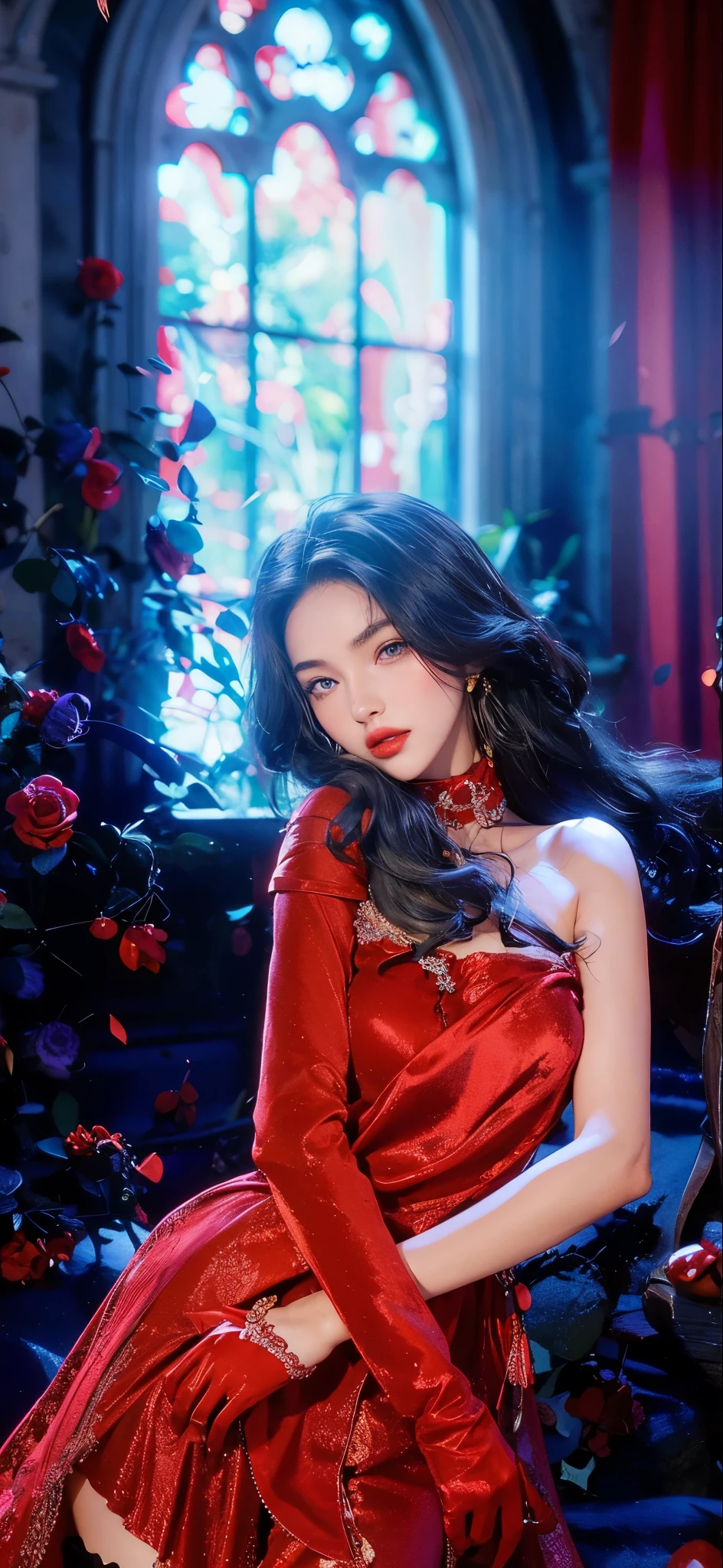 Beautiful young girl, with curly hairy flowing in the wind, eyes looking into the distance, luscious red lips, mouth slightly open, plump lips, megan fox lips, golden tan skin tone, linda evangelista face, hair strands on the face, red scarf made with velvet adorned with amethyst gemstones, red sleeves with red hand gloves, red dress with high slit made in satin and velvet, nylon stockings with suspenders, sexy girl, busty, large breasts, skinny girl,  body, round hips