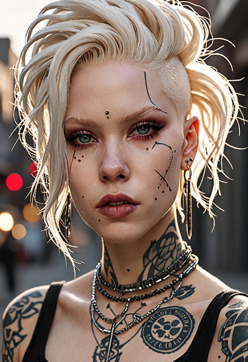 Tips for the first topic are as follows： quality, 8K, 32K, On a table:1.3), ultra - detailed, (realistically:1.4), white colors, albinism, punk girl, 詳細な目, upper part of body, Luxurious Punk Hairstyle, Avant-garde punk fashion, Avant-garde makeup, numerous piercings, Have lots of tattoos, streets background, backlight effect, shallowdepthoffield, vague background"