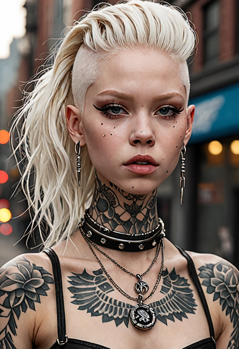 Tips for the first topic are as follows： quality, 8K, 32K, On a table:1.3), ultra - detailed, (realistically:1.4), white colors, albinism, punk girl, 詳細な目, upper part of body, Luxurious Punk Hairstyle, Avant-garde punk fashion, Avant-garde makeup, numerous piercings, Have lots of tattoos, streets background, backlight effect, shallowdepthoffield, vague background"