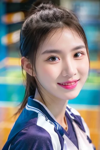 cowboy shot,looking at viewer,smile,sportswear for basketball, adorable, girl,ponytail, (high color saturation:1.0), highest quality, ultra high resolution, photo-realistic, Super detailed, 8K, RAW photo NSFW