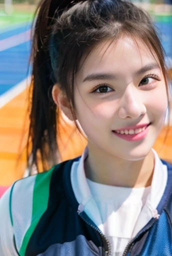 cowboy shot,looking at viewer,smile,sportswear for basketball, adorable, girl,ponytail, (high color saturation:1.0), highest quality, ultra high resolution, photo-realistic, Super detailed, 8K, RAW photo NSFW