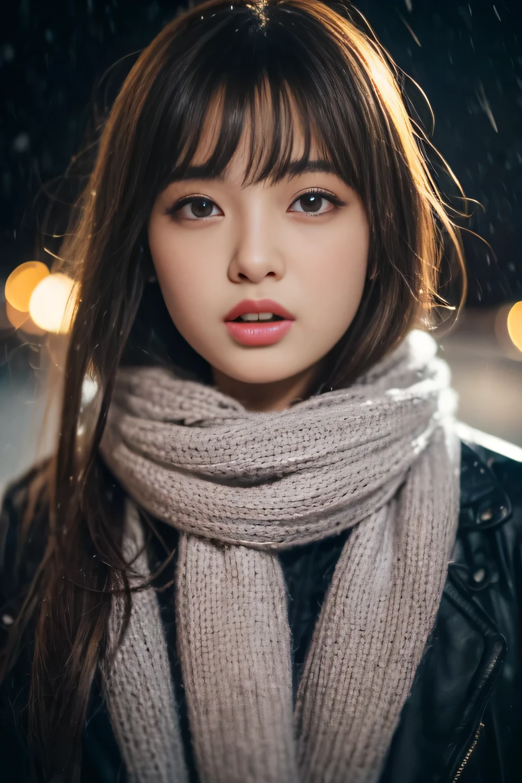 ((no makeup、close your mouth:1.2))、(realistic、Photoreal、Super detailed、best detailed skins、highest quality、masterpiece、ultra high resolution)、cute japanese woman、17 years old、high school girl、young girl、1 girl、have bangs、double eyelid、drooling eyes、Japanese style face、purity、double teeth、realistic肌タイプ、thick muffler、Grey muffler、fluffy hair、((hair is inside the scarf:1.3))、red cheeks、the wind is blowing、that&#39;It&#39;s snowing、night、illumination、Light is coming in from behind