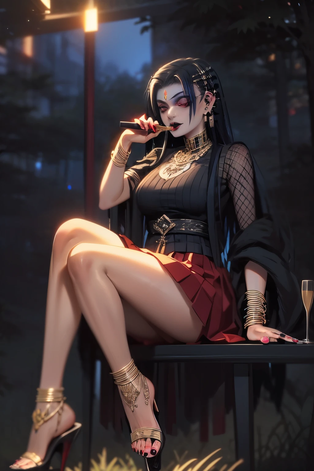 Benevolent ((dark-skinned Haitian ((goth)) 30 yo goddess)) with long dreadlocks sitting in a disco-lit limousine with her pretty perfect manicured feet up while drinking champagne, wearing golden bracelets and anklets, short pleated skirt, plump thighs, high quality photo, in the middle of the Tokyo cannabis forest behind her, driving