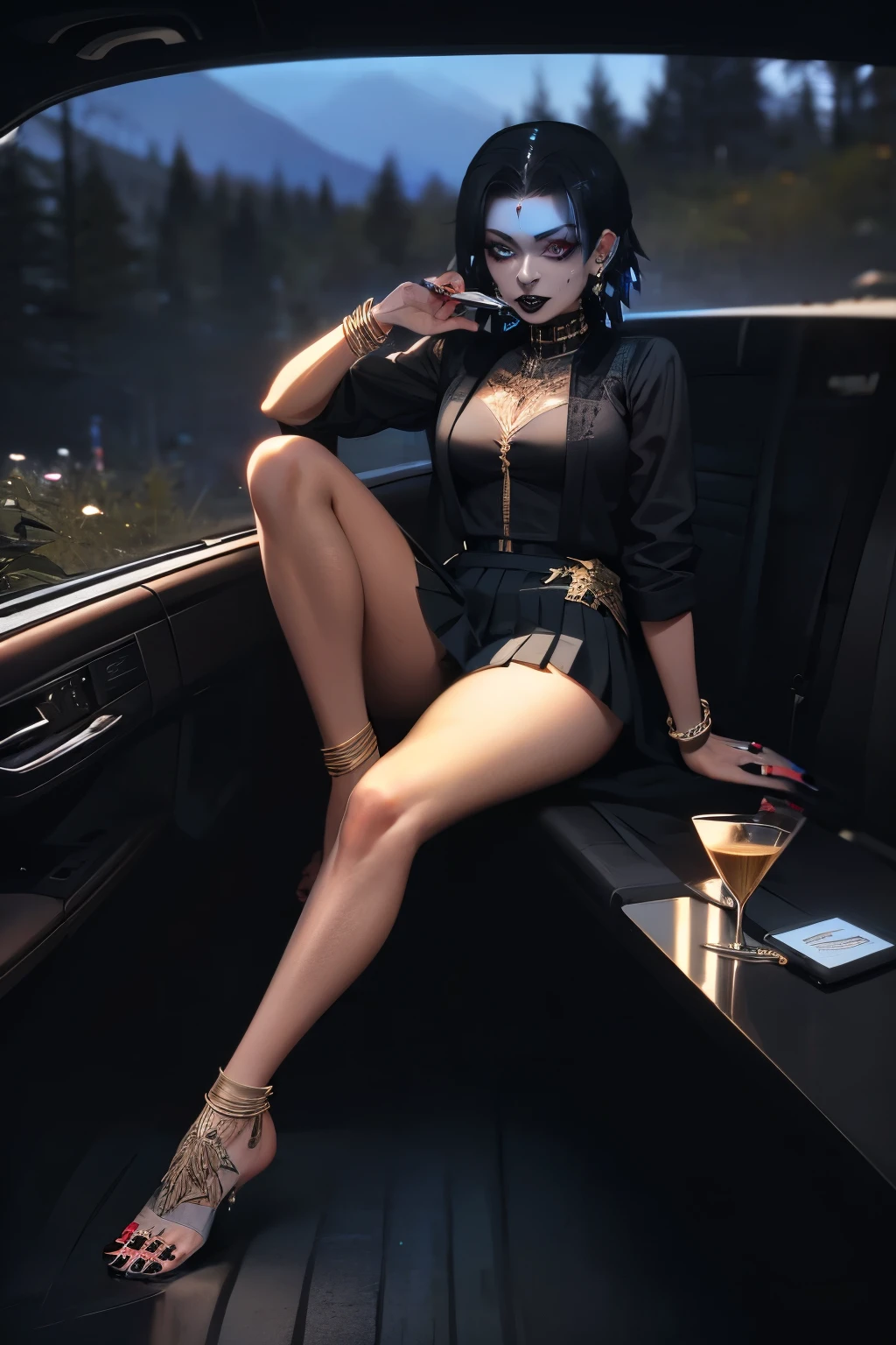 Benevolent ((dark-skinned Haitian ((goth)) 30 yo goddess)) with dreadlocks sitting in a limousine with her pretty perfect manicured feet up while drinking champagne, wearing golden bracelets and anklets, short pleated skirt, plump thighs, high quality photo, in the middle of the Tokyo cannabis forest behind her, driving