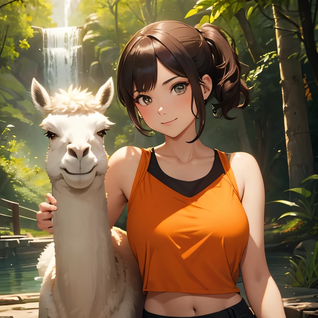 a beautiful young woman, wearing a cut-off orange top, posing with a llama, nature scene