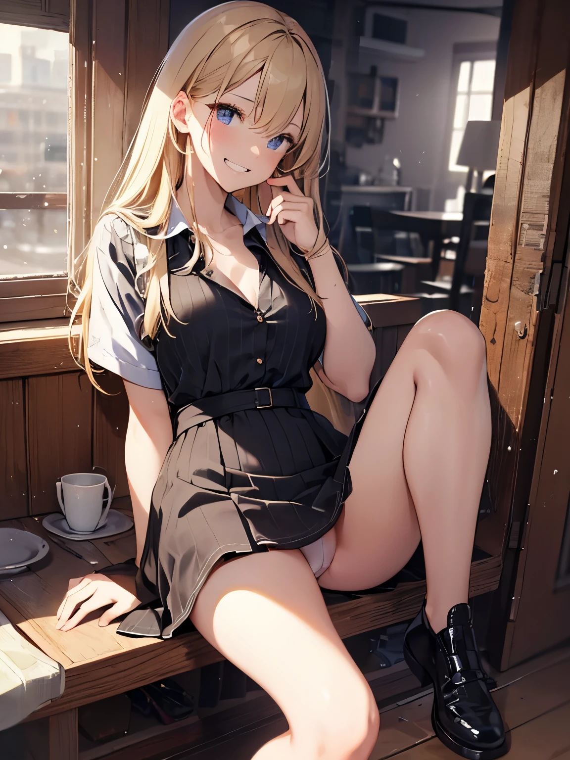 (official art、highest quality、Unity 8k wallpaper、32K、masterpiece、super detailed、超high resolution、realistic、Photoreal:1.2)、(cinematic lighting:1.2)、fire glow effect、film grain、best shadows、rim lighting、side light、(Super detailed and complex 3D rendering)、Background like Makoto Shinkai、detailed beautiful face and eyes、(Beautiful and sharp pupils)、masterpiece, high resolution、highest quality, ultla highres, maximum resolution, very detailed, professional lighting, beautiful skin, 28 year old woman、very pretty、Brooklyn、Inside the cafe、sofa、waitress、Maid clothes、work at a cafe、Maid clothes、skirt、Grab your shirt、(panties:1.1、Shirt Unbuttoning:1.1、bra:1.1)、shoes下、shoes、bright hair color、blonde、bangs、dull bangs、(((squint your eyes、grinning、ridicule、naughty face)))、The girl is looking to the side、Wide angle、angle from below、(((Precise human body structure、Correct and accurate number of limbs、Correct and accurate number of fingers)))