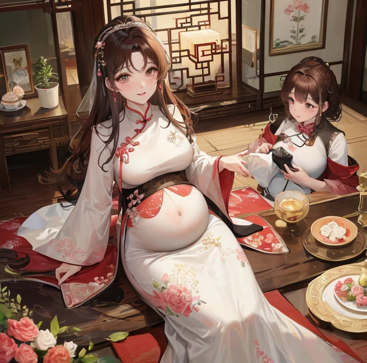 masterpiece, best quality, married woman， aldult, Chinese style, China, elder sister,  Smile, hairpin，brown hair, Princess，Full of motherhood，China传统服饰，purely，blush，Dignified yet lively，Mother，Hands on the stomach，Mature，Pregnant，Beautifully，pregnancy，wife，Group hair