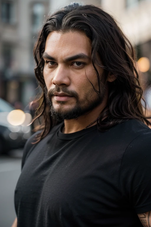 full resolution, highly detailed skin, detailed hair, dslr, sharp focus, high definition, high quality photography, intricate, realistic man with beard and shoulder length dark hair, Lenny Kravitz, Jason Momoa, wearing a black t-shirt