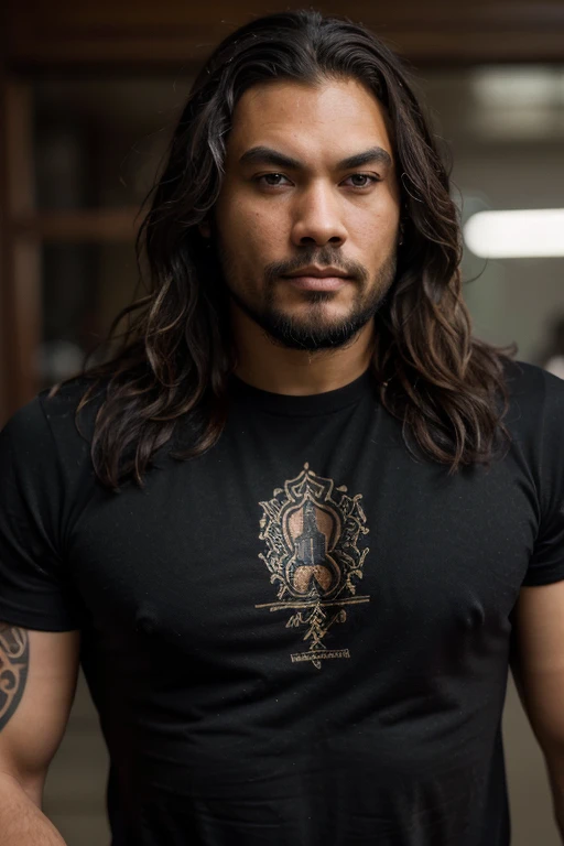 full resolution, highly detailed skin, detailed hair, dslr, sharp focus, high definition, high quality photography, intricate, realistic man with beard and shoulder length dark hair, Lenny Kravitz, Jason Momoa, wearing a black t-shirt