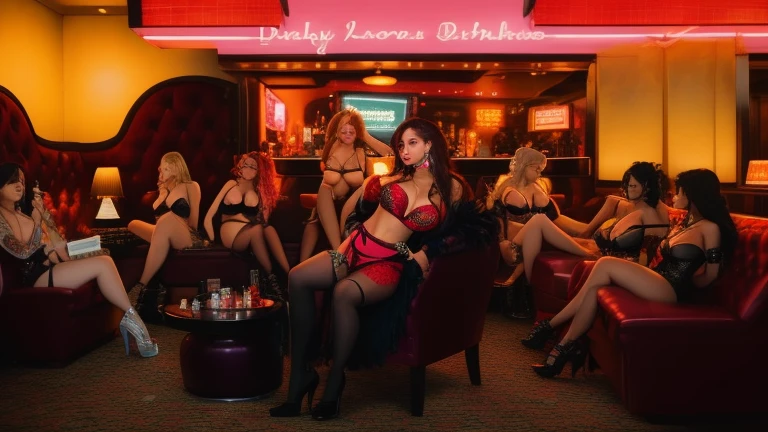 several very beautiful prostitutes sitting on chairs in a brothel room with a cake on a table, in a brothel, cyberpunk strip clubs, in Las Vegas, dive bar with karaoke machine, Sitting in a bar, Stunning and very beautiful prostitutes , Las Vegas, Sitting alone in a bar,