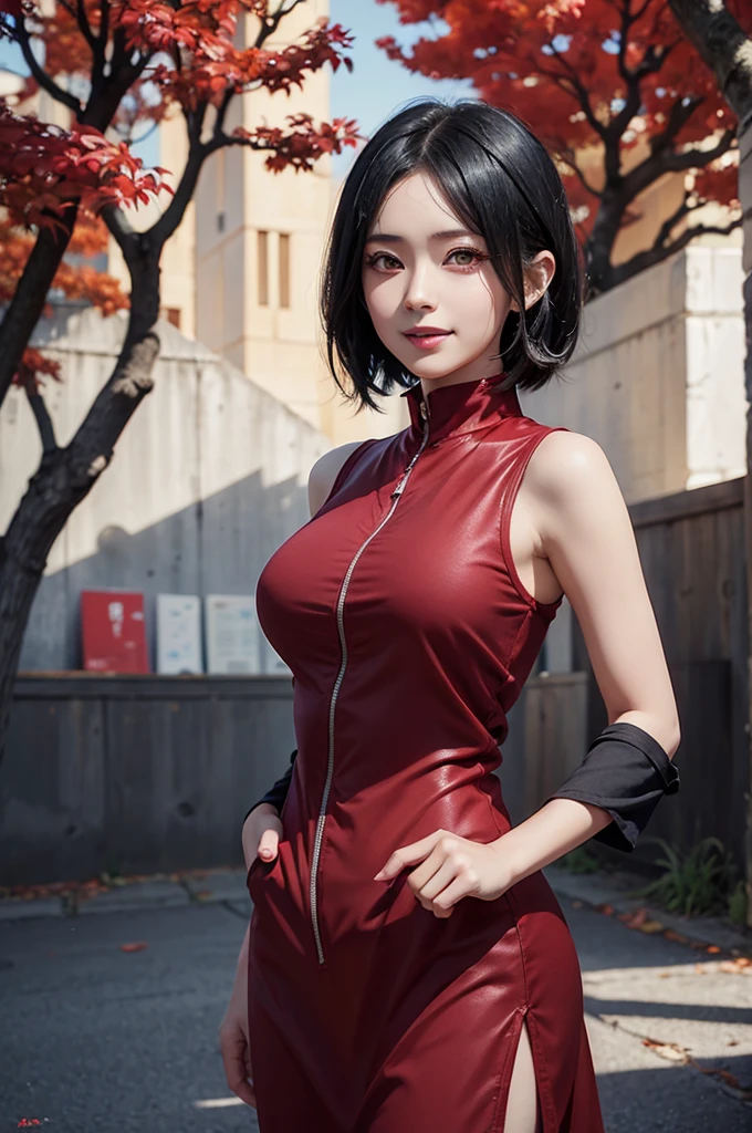 1girl, Uchiha Sarada in anime Boruto, short hair, Black Hair, Red eyes, smile, beautiful, red clothes, very big breast, realistic clothes, detail clothes, outdoor background, ultra detail, realistic