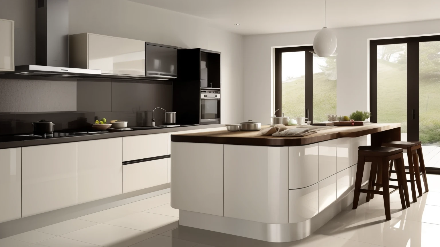 create a kitchen, CERAMIC TILE FLOOR, there is an L-shaped stove, there is a refrigerator to the left of the stove, the sink next to the window, the kitchen on the right, there is an island table, cooking tables and chairs, minimalist style, WABISABI,
