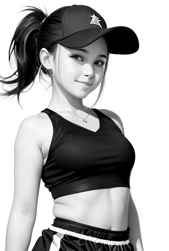 cowboy shot,looking at viewer,smile,sportswear for basketball, adorable, girl,ponytail, (high color saturation:1.0), highest quality, NSFW,line drawing,black and white,line art