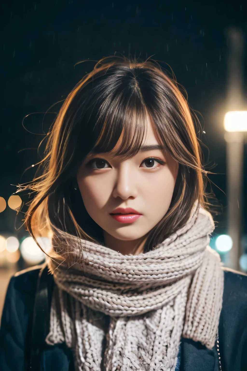 ((no makeup、close your mouth:1.2))、(realistic、Photoreal、Super detailed、best detailed skins、highest quality、masterpiece、ultra high resolution)、cute japanese woman、17 years old、high school girl、young girl、1 girl、have bangs、double eyelid、drooling eyes、Japanese style face、purity、double teeth、realistic肌タイプ、thick muffler、Grey muffler、fluffy hair、((hair is inside the scarf:1.3))、red cheeks、the wind is blowing、that'It's snowing、night、illumination、Light is coming in from behind
