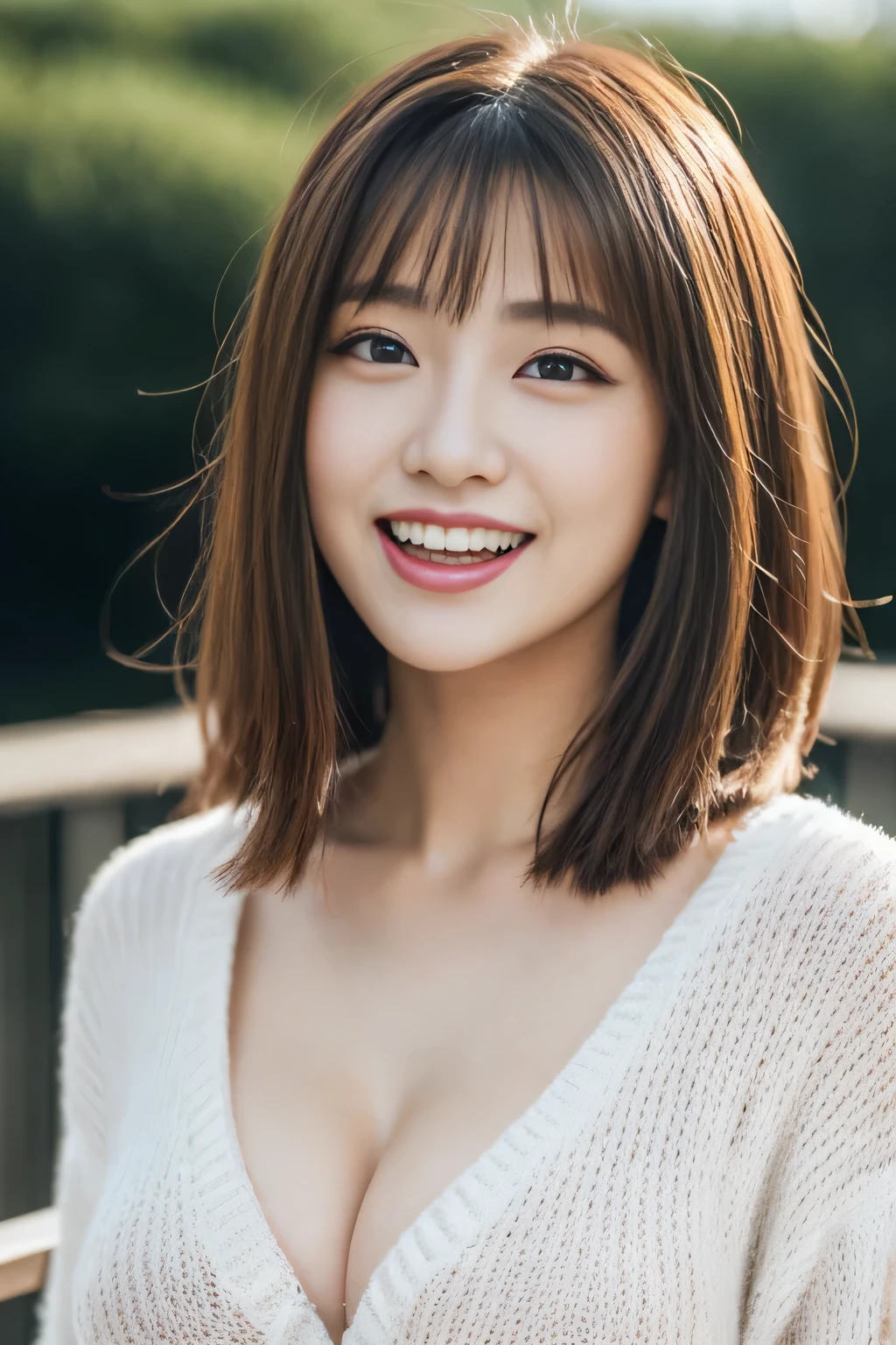 (top-quality、8K、32K、masterpiece、nffsw:1.2)、1 girl in、beautfull Japanease woman、((Golden hair))、Fancy makeup、thin-waist、Beautiful Women in Perfect Style:1.4、Colossal tits:1.3、finerly detailed face、A smile、nurse's outfit、breastsout、 Leaning forward、short-hair、From above