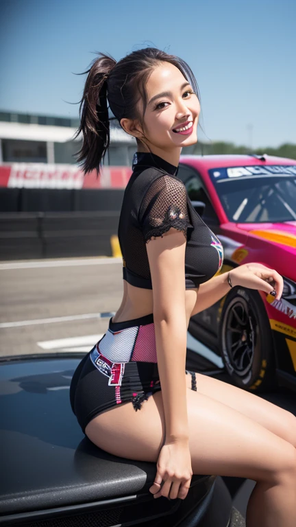 the Extremely Detailed CG Unity 8K Wallpapers, Best Quality, Ultra-detailed, masutepiece, Realistic, photos realistic, extremely detailed cute girl, 25-years old,
(Wearing a grid girl costume with sponsor's logo printed on it:1.3), (Mini skirt ) , (Sitting in a motorsport race), (cleavage), (Armpit:1.2), blush , Half body shot , short-cut