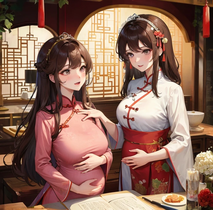 masterpiece, best quality, married woman, aldult, Chinese style, China, elder sister, Smile, hairpin,brown hair, Princess,Full of motherhood,China传统服饰,purely,blush,Dignified yet lively,Mother,Hands on the stomach,Mature,Pregnant,Beautifully,pregnancy,wife,Thick hair,cheongsam