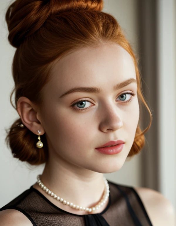 full-length shot of Sadie Sink, in lingerie, stockings, turning sideways, red ginger matted hair tied up in a bun, wearing pearl necklace, nose stud jewelry, wearing hoop earrings, ultra sharp focus, trimmed pubic hair (high detailed skin:1.2), 8k uhd, dslr, high quality, film grain, Fujifilm XT38k, {{1girl}},  full-length portrait, captivating eyes, bright details, pouting lips, (high skin detail), perky breasts (tint: 0.6), (dirty: 0.8), (bloody: 0.7), Key lighting, (backlight: 0.5), medium depth of field, Canon 5D, 50mm lens, (ultra-detailed, complex detail), sharp focus, 4k, absurd, 8mm film grain, flirting with camera