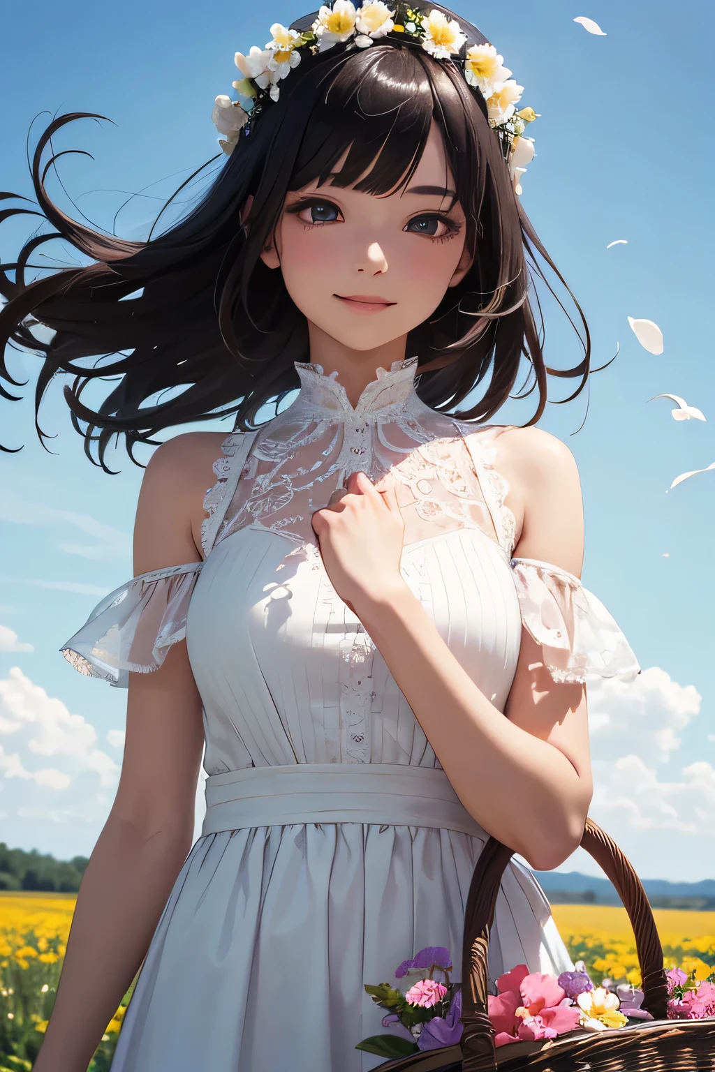 very cute and beautiful girl with a flower crown,Ten generations,white sundress with small ruffles,detailed lace,
(very detailed美しい顔と目:1.2),Stand in the middle of a colorful flower field,(Carrying a basket of freshly picked flowers),
rural area,Beautiful summer sky,cowboy shot,(smile),black hair,
(highest quality,masterpiece:1.2),disorganized,High resolution,super detailed,very detailed,32K,8K resolution,
intricate details,movie-like scene,detailed background,alone,dynamic angle,hair blowing in the wind,perfect hands,