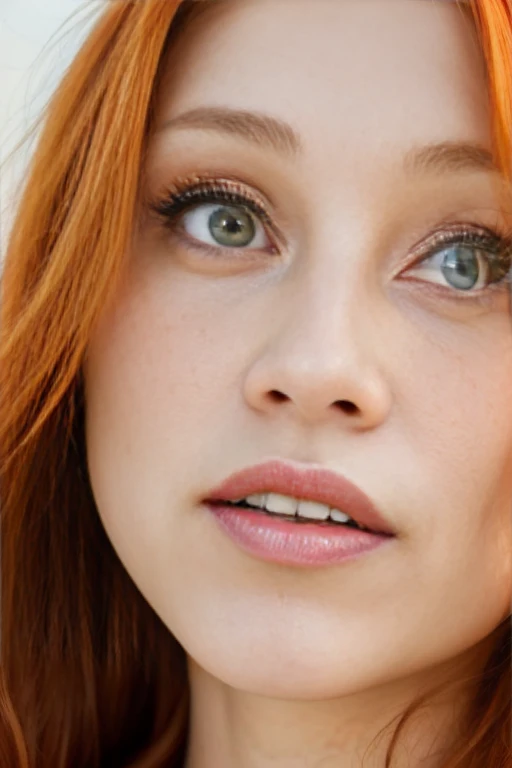 (close-up editorial photo of 20 yo woman, ginger  hair, slim American sweetheart), (freckles:0.8), (lips parted), realistic green eyes, POV, realistic[:, (film grain, 25mm, f/1.2, dof, bokeh, beautiful symmetrical face, perfect sparkling eyes, well defined pupils, high contrast eyes, ultra detailed skin, skin pores, vellus hair, fabric stitching, fabric texture, wood grain, stone texture, finely detailed features:1):0.9]
