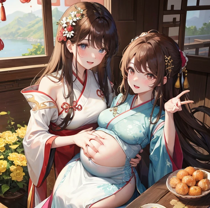 masterpiece, best quality, married woman, aldult, Chinese style, China, elder sister, Smile, hairpin,brown hair, Princess,Full of motherhood,China传统服饰,purely,blush,Dignified yet lively,Mother,Hands on the stomach,Mature,Pregnant,Beautifully,pregnancy,wife,Thick hair,Hanfu