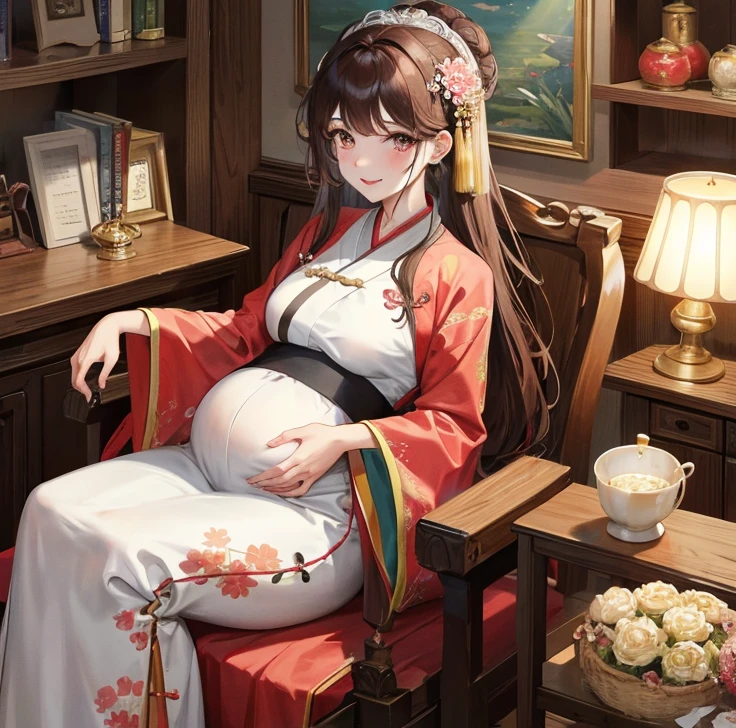 masterpiece, best quality, married woman， aldult, Chinese style, China, elder sister,  Smile, hairpin，brown hair, Princess，Full of motherhood，China传统服饰，purely，blush，Dignified yet lively，Mother，Hands on the stomach，Mature，Pregnant，Beautifully，pregnancy，wife，Thick hair，Hanfu