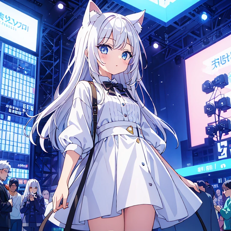 1 girl, It will be, looking at the audience, white hair, there is nothing, cat ears, cat tail, White shirt, open clothes, City, Babaizi
