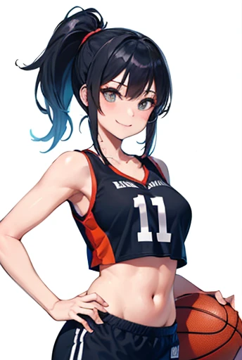 cowboy shot,looking at viewer,smile,sportswear for basketball, adorable, girl,ponytail, (high color saturation:1.0), highest quality, NSFW,line drawing,line art