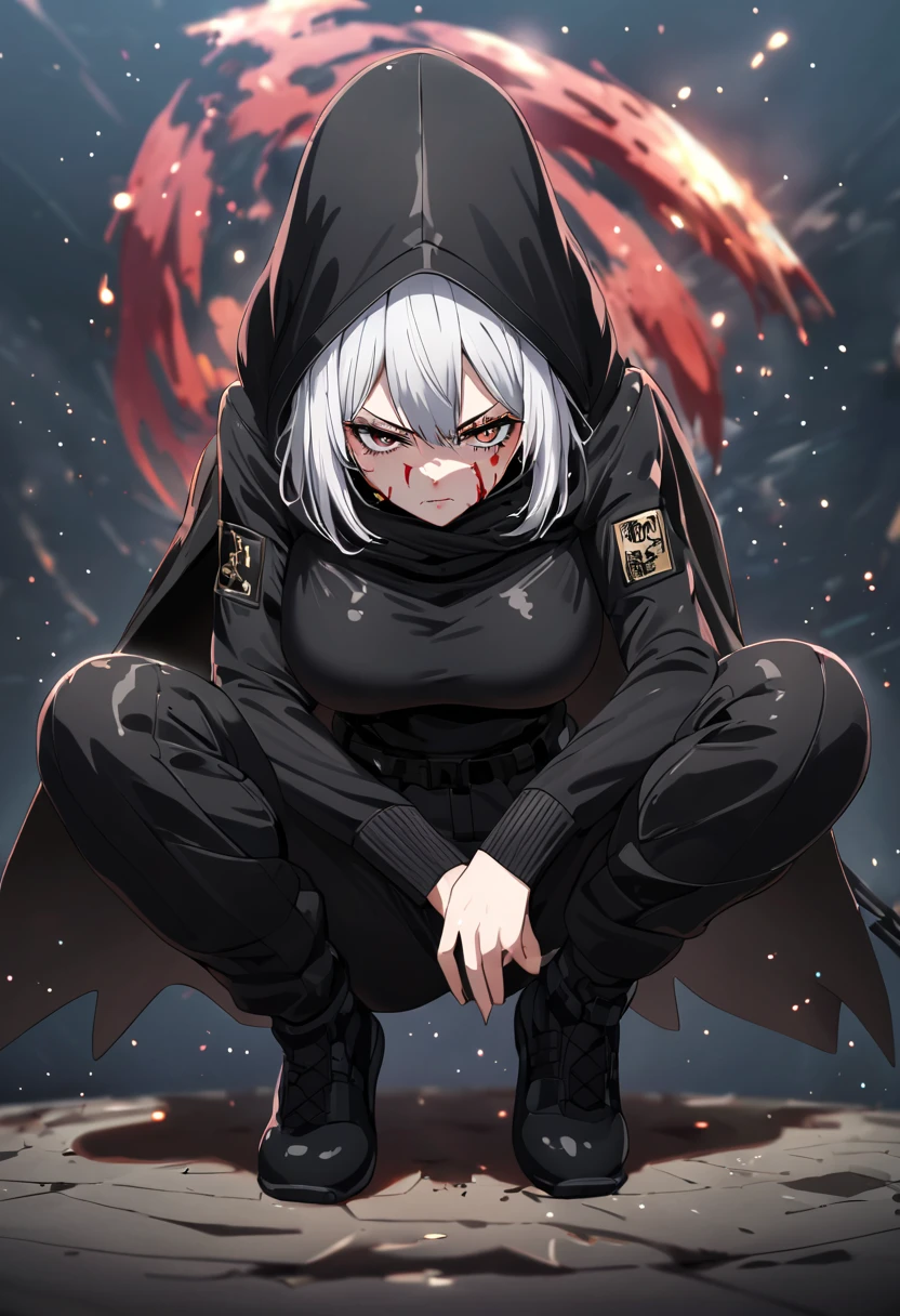 Fighting girl, epic, with particles, HD, 8k, white hair, with black cape, line marks on the face, serious face, closed mouth, casual pose, hands in Bruce Lee position, tactical pants, black hood, black lines under eyes, black polar diver, eyes with marked rings, detailed face, blood on the lips, full body,