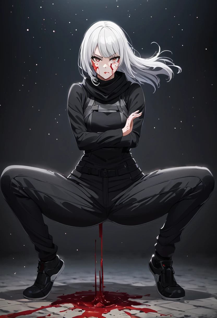 Fighting girl, epic, with particles, HD, 8k, white hair, with black cape, line marks on the face, serious face, closed mouth, casual pose, hands in Bruce Lee position, tactical pants, black hood, black lines under eyes, black polar diver, eyes with marked rings, detailed face, blood on the lips, full body,