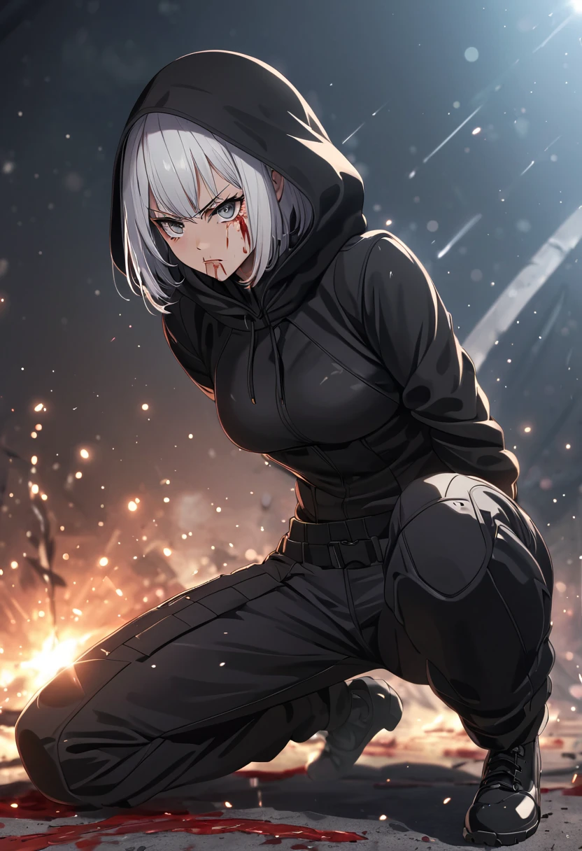 Fighting girl, epic, with particles, HD, 8k, white hair, with black cape, line marks on the face, serious face, closed mouth, casual pose, hands in Bruce Lee position, tactical pants, black hood, black lines under eyes, black polar diver, eyes with marked rings, detailed face, blood on the lips, full body,