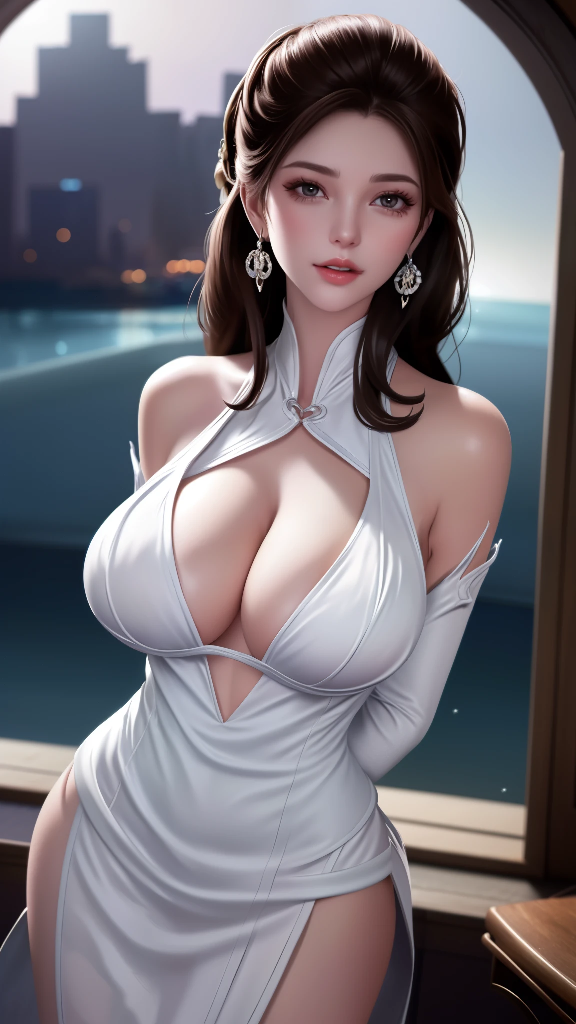 hair ornament, dress,elbow gloves, looking at viewer, earrings, cityscape, night, indoors, window, lake,table,standing, arms behind back,、exposing her chest、Show breasts、huge boobs,huge breasts、exposing her chest、exposing her chest、Show breasts、huge boobs,huge breasts、exposing her chest、exposing her chest、Show breasts、huge boobs,huge breasts、exposing her chest、exposing her chest、Show breasts、huge boobs,huge breasts、exposing her chest、exposing her chest、Show breasts、huge boobs,huge breasts、exposing her chest、exposing her chest、Show breasts、huge boobs,huge breasts、exposing her chest、exposing her chest、Show breasts、huge boobs,huge breasts、exposing her chest、exposing her chest、Show breasts、huge ,huge breasts、exposing her chest