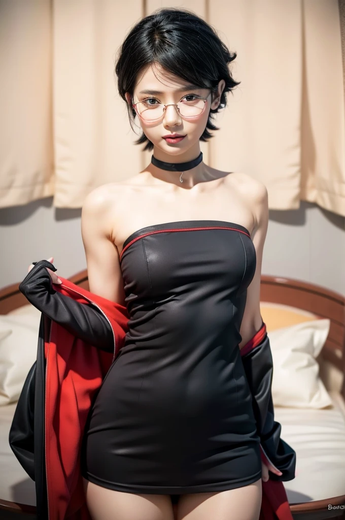 1girl, sarada uchiha in anime boruto, short hair, black hair, red eyes, smile, beautiful, sexy dress, sexy clothes, red clothes, wear red glasses, very big breast, realistic clothes, detail clothes, outdoor background, ultra detail, realistic