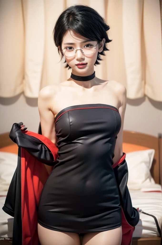 1girl, sarada uchiha in anime boruto, short hair, black hair, red eyes, smile, beautiful, sexy dress, sexy clothes, red clothes, wear red glasses, very big breast, realistic clothes, detail clothes, outdoor background, ultra detail, realistic