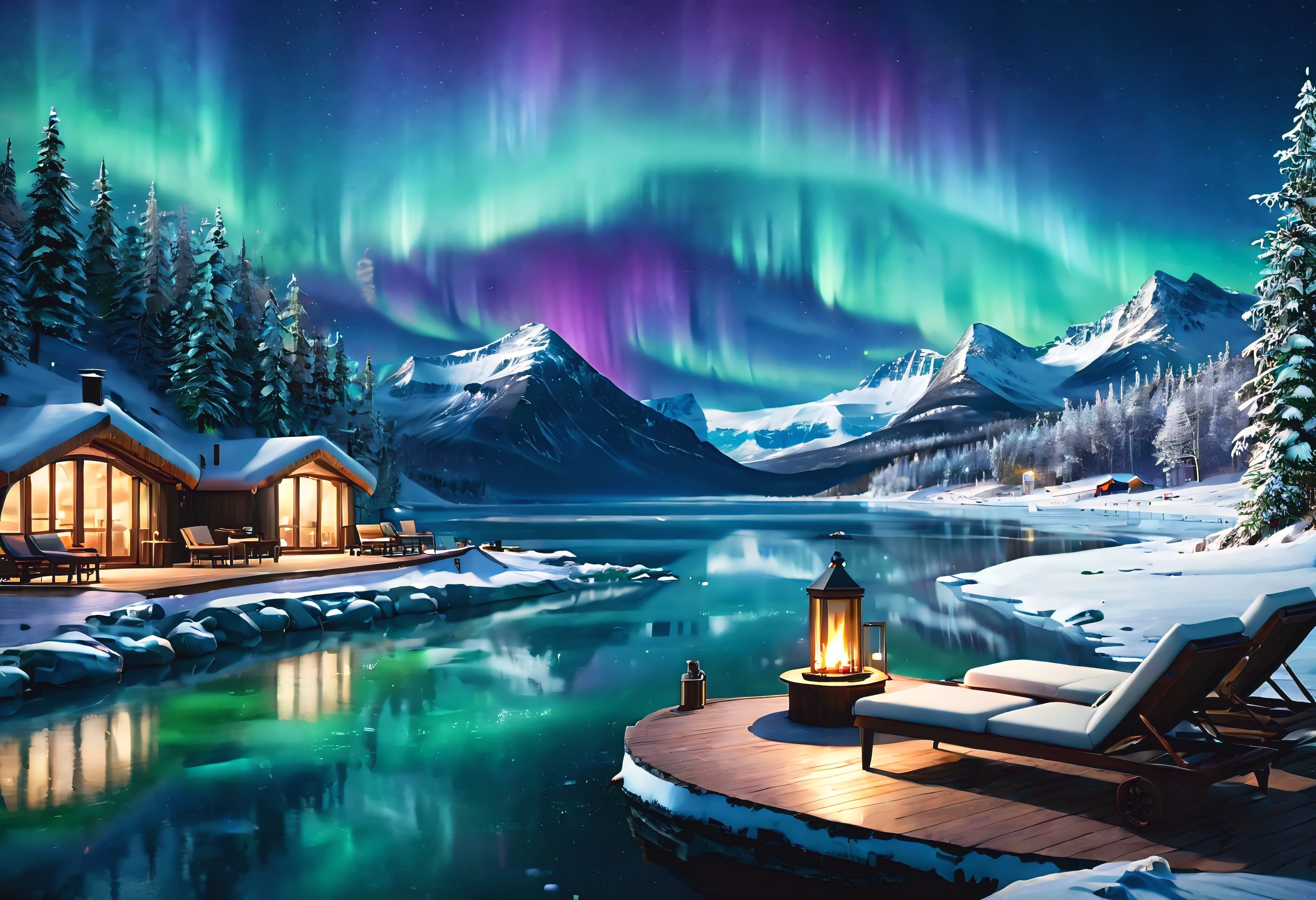 (Masterpiece in maximum 16K resolution), the best quality, (very detailed CG unity 16k wallpaper quality),(Soft colors 16k highly detailed digital art),Super Detailed. | Perfect image,16k UE5,official painting, superfine, Depth of field, no contrast, clean sharp focus, professional, No blurring. | The corner outdoor spa area on resort terrace overlooks the snowy lake, mesmerizing frozen lake, ((winter night):1.2),((aurora borealis):1.2),delicate white snow, amazing wallpapers, beautiful surroundings, optimistic matte painting, Beautiful digital artwork, lonely resort background, Beautiful and detailed scenes, UHD underground, UHD landscape, Relaxing concept art, beautiful winter resort. | (((More detail))).